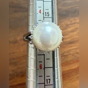 Elegant Silver Tone Faux Pearl Clear Rhinestone Dome Ring Multiple Sizes Availab